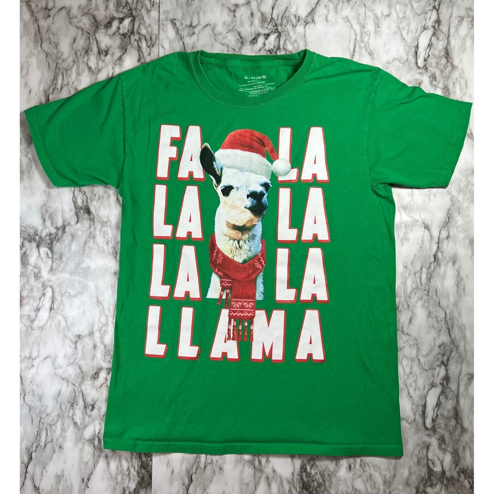 Fa La La Llama Christmas Graphic T Shirt Kids XL Green Holiday Tee